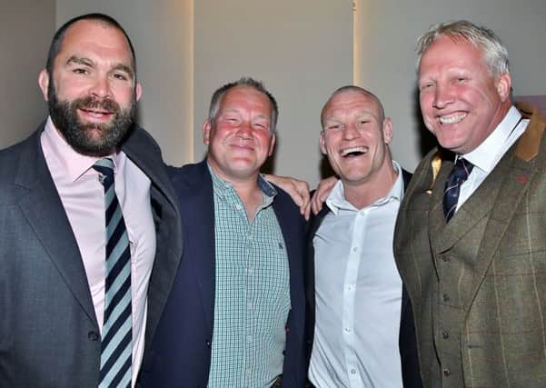 Former Saints stars at the the local rugby legends dinner. From the left are Jon Phillips, Matt Volland, Darren Fox and MC Brendan Foley. Picture: Mick Sutterby