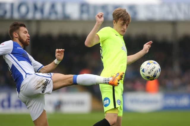 Posh skipper Chris Forrester in action at Bristol Rovers.