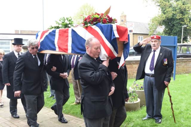 Funeral of Terence Sismore at St Matthew's Church, Eye attended by members of the Royal Military Police Association from Colchester anf Fenland branches (red berets) and serving soldiers from the 156 Regiment RMP (red caps) EMN-170420-153915009