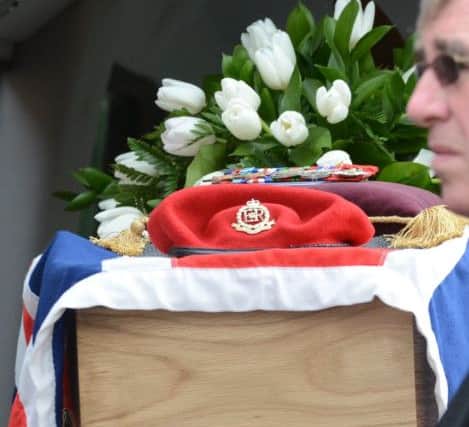 Funeral of Terence Sismore at Peterborough Crematorium  attended by members of the Royal Military Police Association from Colchester anf Fenland branches (red berets) and serving soldiers from the 156 Regiment RMP (red caps) EMN-170420-154400009