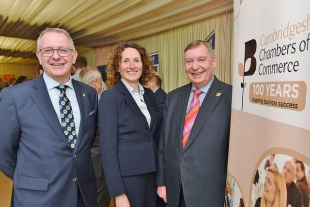 Meet the Contractors event at Cambridgeshire Chamber of Commerce event at PRUFC Fengate. Martin Rayner, board member, John Bridge (CEO) and Jane McDaid from PCC EMN-170427-160809009
