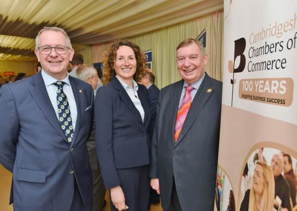 Meet the Contractors event at Cambridgeshire Chamber of Commerce event at PRUFC Fengate. Martin Rayner, board member, John Bridge (CEO) and  Jane McDaid from PCC EMN-170427-160809009