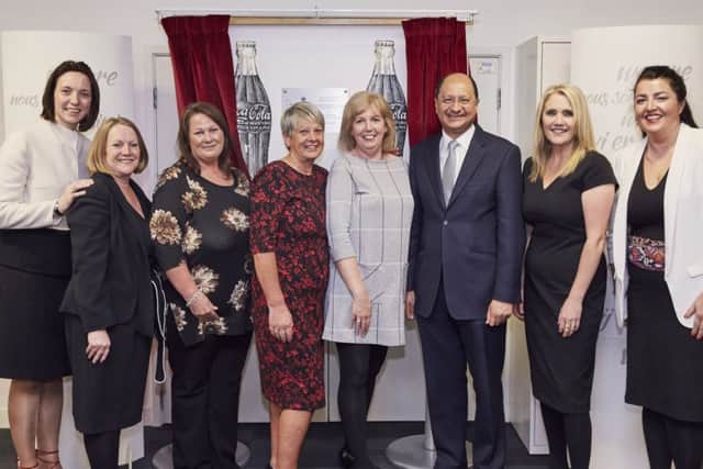 North West Cambridgeshire Conservative parliamentay candidate Shailesh Vara, with CCEP employees An Vermeulen, Paula Patterson, Helen Tilley, Sandra Cotton, Helen Cartmel, Helen Mann and Sarah J Brearey