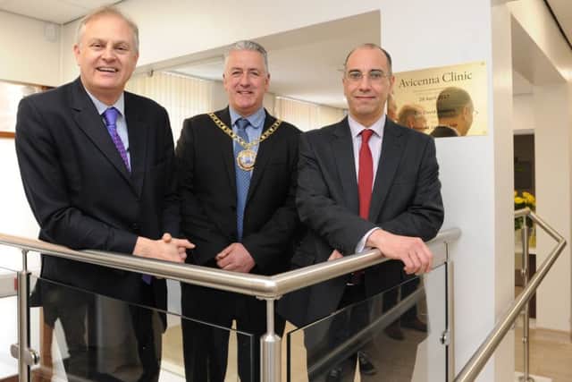 Opening of the Avicenna Centre from left, Stewart Jackson, Conservative parliamentary candidate, Mayor of Peterborough Cllr David Sanders and Dr Hany Elmadbouh, founder of the clinic.