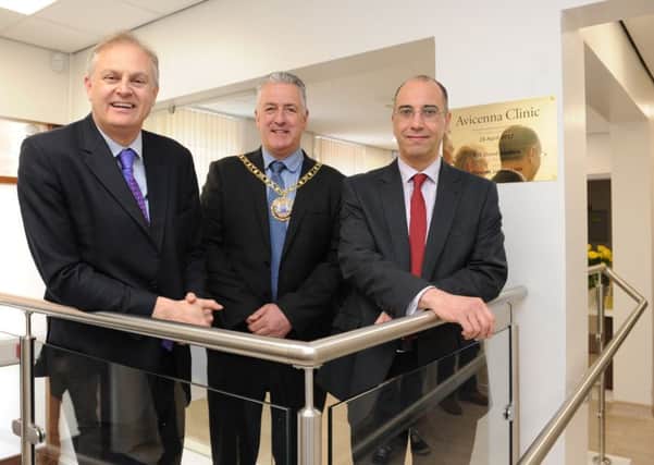 Opening of the Avicenna Centre from left, Stewart Jackson, Conservative parliamentary candidate, Mayor of Peterborough Cllr David Sanders and Dr Hany Elmadbouh, founder of the clinic.