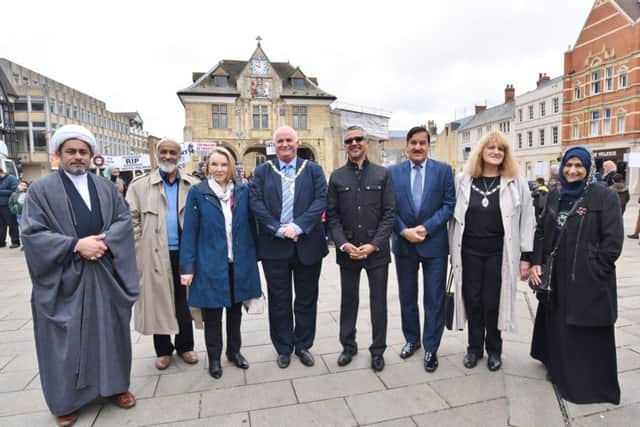 March from Husaini Islamic Centre, Burton Street , in memory of PC Keith Palmer, to Cathedral Square. Pictured is Imam Shahnawaz Mahdavi with his guests on the march including Deputy Mayor Keith Sharp and Mayoress Christine Wilson EMN-170605-214752009