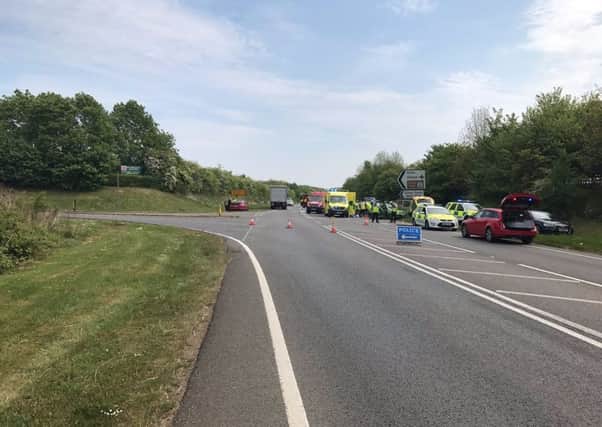 The scene of this morning's crash on the A605. Photo: @roadpoliceBCH