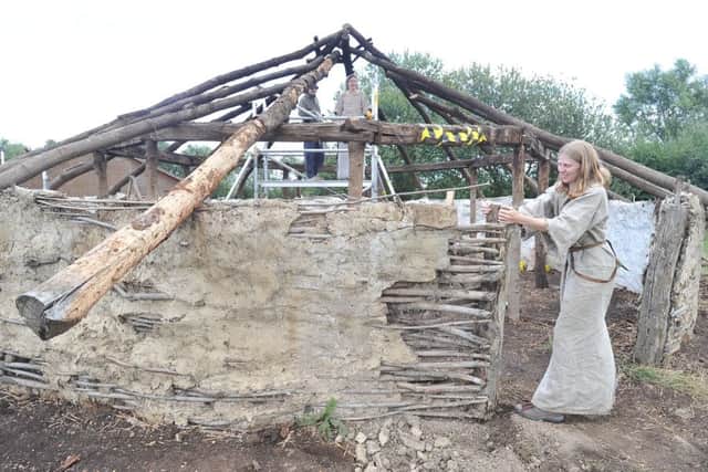 Renovation of the Bronze Age roundhouse at Flag Fen. Emma Jane Evans hard at work. EMN-141208-135419009