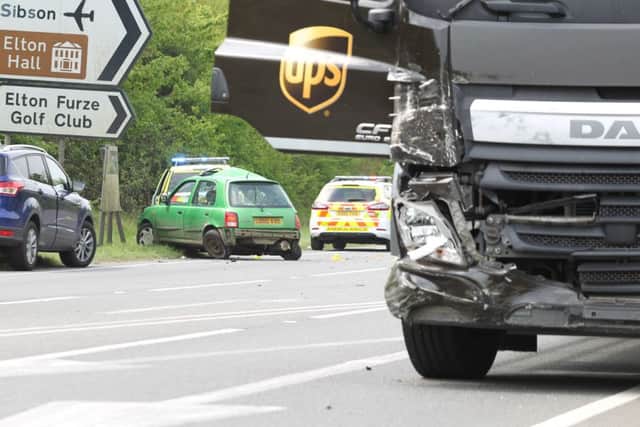 A605 and B671 junction closed following RTC between UPS lorry  and Nissan Micra. Picture by Terry Harris / PaperPix 1132366853