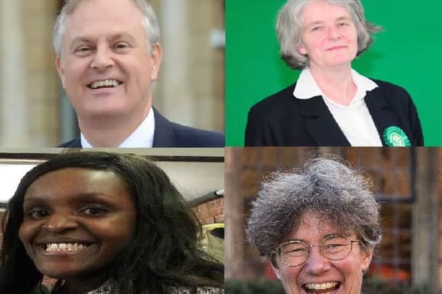 From top left (clockwise): Stewart Jackson, Fiona Radic, Beki Sellick, Fiona Onasanya