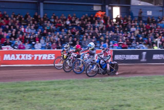 The start of heat 14 with Bradley Dean Wilson (red helmet) and Ulrich Ostergaard (blue) representing Panthers. Photo: Diana Jones.