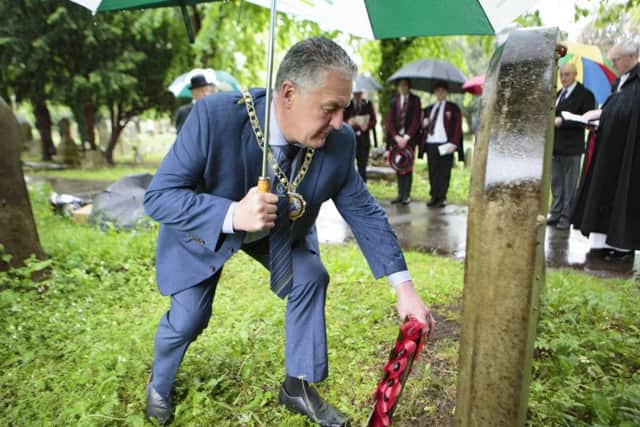 Wreath laid by David Sanders in memory of former Mayor George Keeble (1902 and 1903), Broadway Cemetery, Peterborough 17/05/2017.  Picture by Terry Harris / Peterborough Telegraph. THA