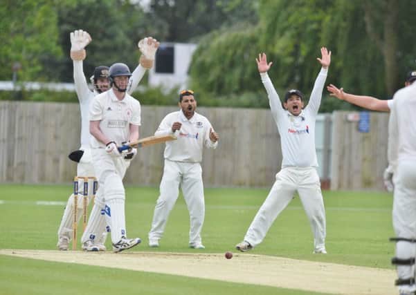 Peterborough Town skipper David Clarke (right) leads the appeals during the Northants Premier Division match against Horton House. Photo: David Lowndes.