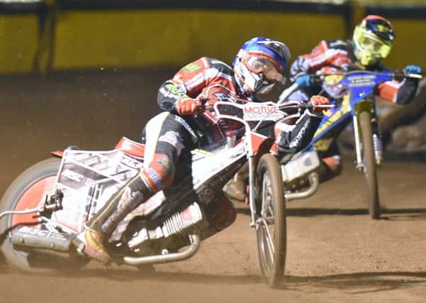 Panthers skipper Ulrich Ostergaard (front) survived a nasty spill in heat 15 at Newcastle. Paul Starke (rear) top scored for Panthers with 12 points.