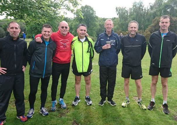 Nene Valley Harriers at the British Masters Road Relays. From the left are Chris Mooney, Paul Parkin, Barry Warne, Chris Hunt, Sean Beard, Simon Bell and Chris Armstrong.