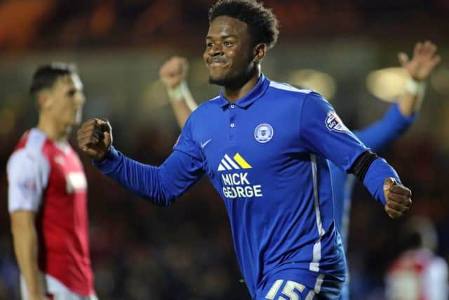 Jermaine Anderson celebrates a Posh goal.