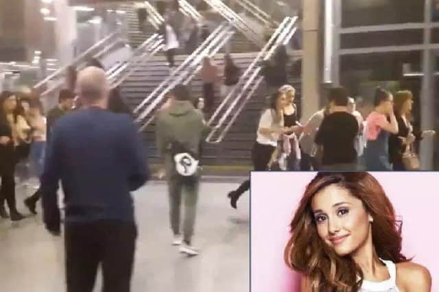 An image taken moments after the attack. Inset: Ariana Grande.