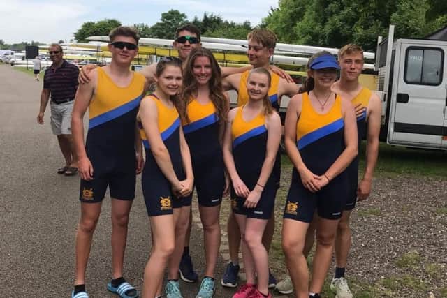 Peterborough rowers at the National Schools Regatta were from the left, back, Benjamin Mackenzie, Jack Collins, James Toynton, Harry Masterson, front, Hannah Bassett, Libby Jarvis, Georgina Parker and Olivia Hutchinson.
