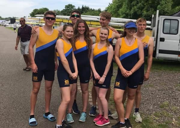 Peterborough rowers at the National Schools Regatta were from the left, back, Benjamin Mackenzie, Jack Collins, James Toynton, Harry Masterson, front, Hannah Bassett, Libby Jarvis, Georgina Parker and Olivia Hutchinson.
