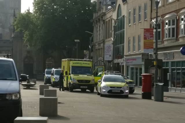 Police and ambulance in Cathedral Square this morning. Photo: @poshpointy