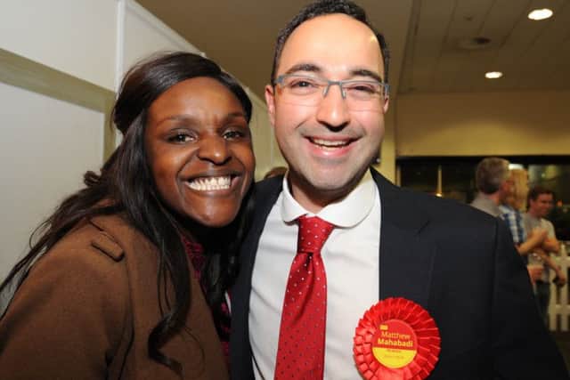 Matthew Mahabadi has won the East Ward seat for Labour in the Peterborough City Council by-election, he is pictured celebrating with Labour PPC Fiona Onasanya. Picture: David Lowndes.