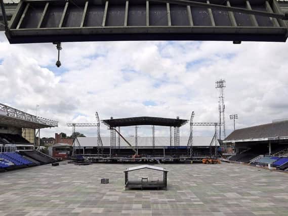 The Elton John stage being built at the ABAX Stadium in Peterborough. Photo: Joe Dent