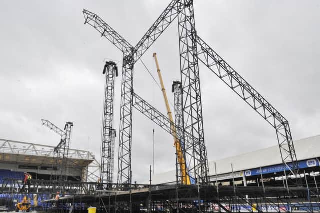 The Elton John stage being built at the ABAX Stadium in Peterborough. Photo: David Lowndes