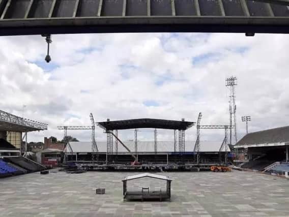The stage being built ready for today's concert. Photo: Joe Dent