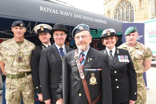Armed Forces day on Cathedral Square.   Warrant officer mark Toms, Chief Petty Officer Richie Ray, Lt Commander Graham casey, Ron Arthur RAFA standard bearer, Louise Isaacs RN careers advisor and RN commando Andy Dyer EMN-160625-182523009