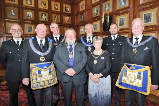 Freemasons Parade.  Supt Andy Gipp and  PC Simon Roberts with  Mayor and Mayoress John and Judy Fox and the Freemason grand masters. EMN-171106-213949009