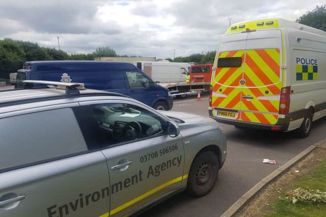 The scene of the multi agency crackdown at the Brampton Hut junction of the A1 today