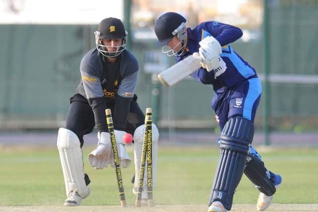 Bourne's Jordan Temple  is bowled by Taylor West  for a duck. Picture: David Lowndes