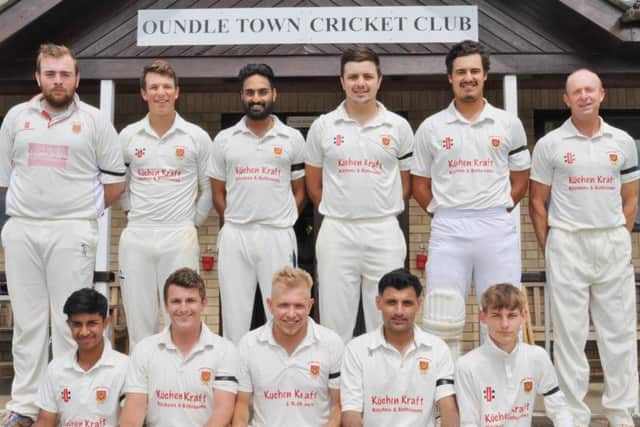 Oundle Town CC pictured before their Northants Premier Division defeat to Rushton. (front, left to right), Danyal Malik, Peter Foster  Mark Hodgson, Bashrat Hussaian, Harrison Craig. (back) Jonathan Dalley, Ben Graves, Primesh Patel, Toby Snelling, Hanno Kotze, Ben Smith.