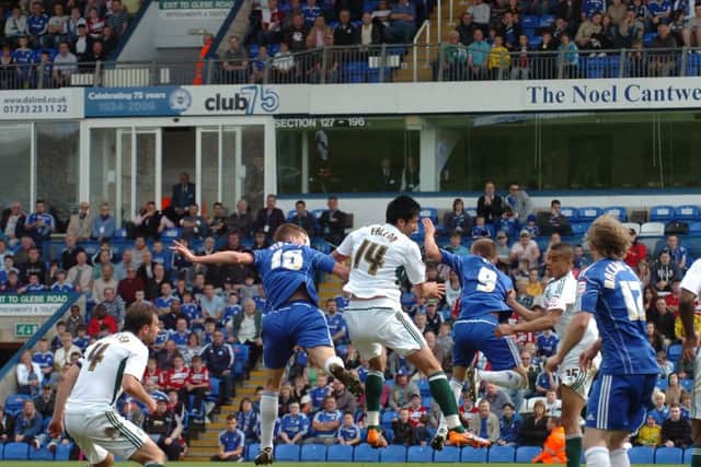 Ryan Bennett scores for Posh against Plymouth in 2011.