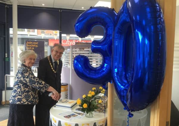 Deputy Mayor of Peterborough Councillor  Chris Ash and Deputy Mayoress Doreen Roberts at the 30th anniversary celebrations of the Leeds Building Society.