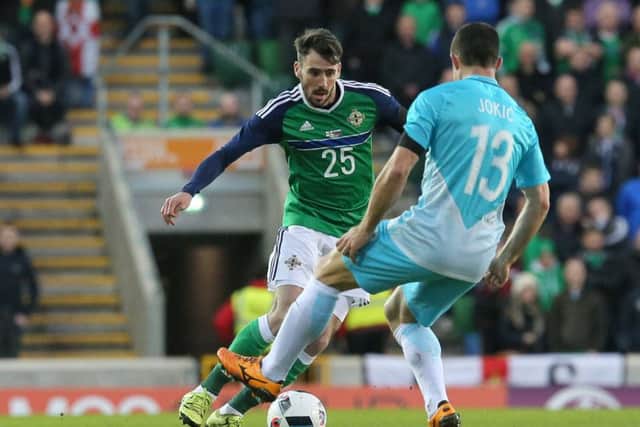 Michael Smith playing for Northern Ireland against Slovenia in March, 2016.