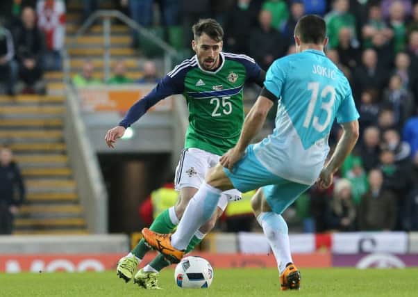 Michael Smith playing for Northern Ireland against Slovenia in March, 2016.
