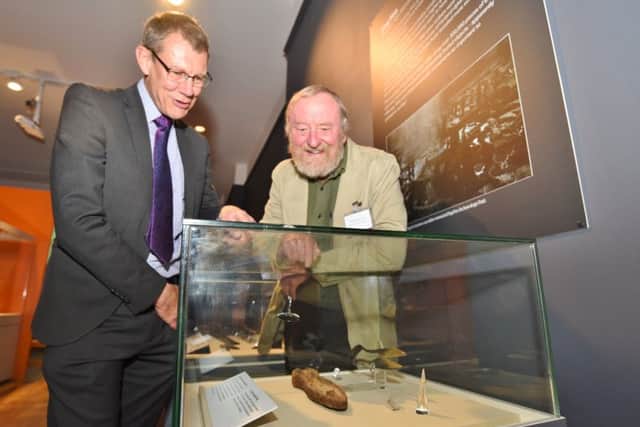 Must Farm exhibition at Peterborough Museum. At the launch Alan Sadler, Chairman of Vivacity with  archaeologist Francis Pryor EMN-170605-213409009