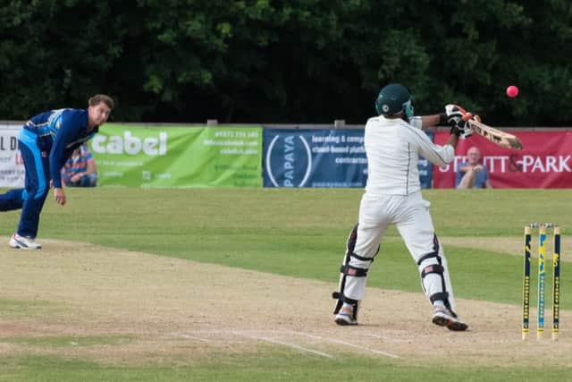 Jack Berry bowls a bumper for Bourne in their easy win over Ufford Park. Photo: James Biggs.