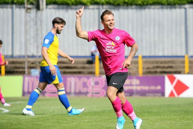 Danny Lloyd celebrates his first goal in Posh colours at St Albans. Photo: Joe Dent/theposh.com.