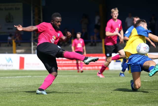 Posh striker Junior Morias scores against his former club St Albans. Photo: Joe Dent/theposh.com.