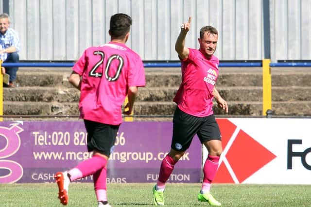 Ricky Miller celebrates his first Posh goal at St Albans. Photo: Joe Dent/theposh.com.