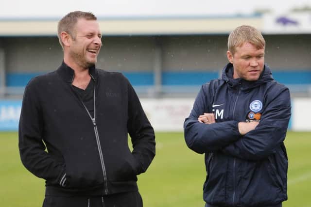 Posh chairman Darragh MacAnthony (left) and manager Grant McCann before the friendly at Nuneaton. Photo: Joe Dent/theposh.com.