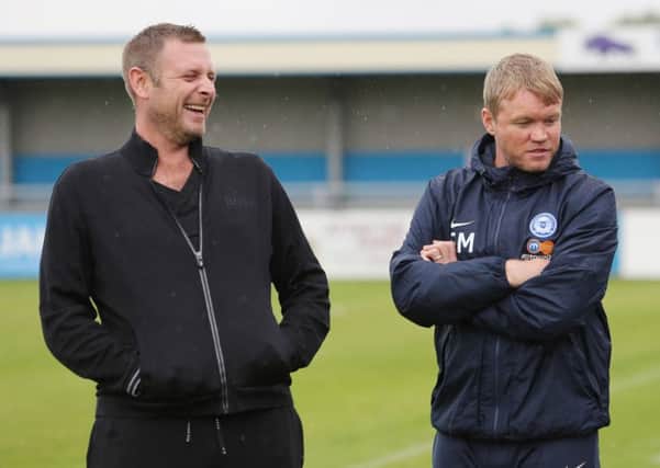 Posh chairman Darragh MacAnthony (left) and manager Grant McCann before the friendly at Nuneaton. Photo: Joe Dent/theposh.com.