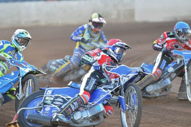 Panthers' Chris Harris leads team-mate Tom Bacon in heat four of the meeting with Sheffield. Photo: David Lowndes.