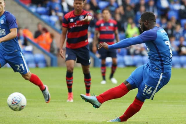 Posh striker Junior Morias scores from the penalty spot. Photo: Joe Dent/theposh.com.