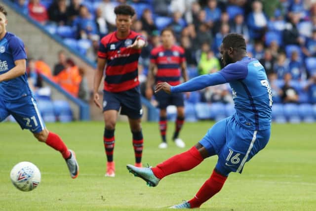 Junior Morias converts his first Posh goal against QPR from the penalty spot. Photo: Joe Dent/theposh.com.