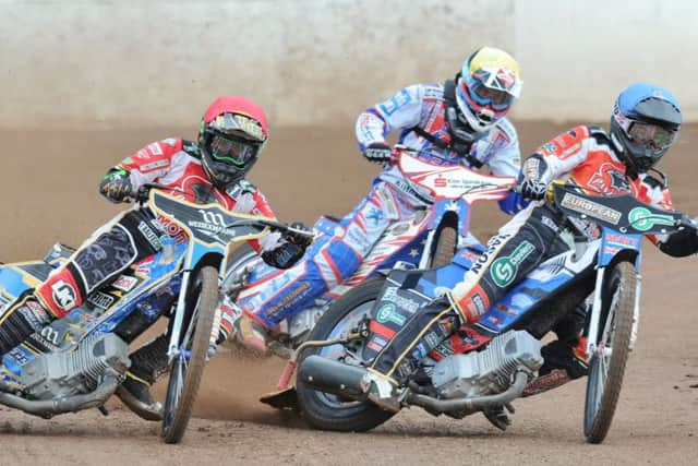 Jack Holder (red helmet) and Bradley Wilson-Dean (blue) ride for Panthers in heat one against Redcar. Photo: David Lowndes.