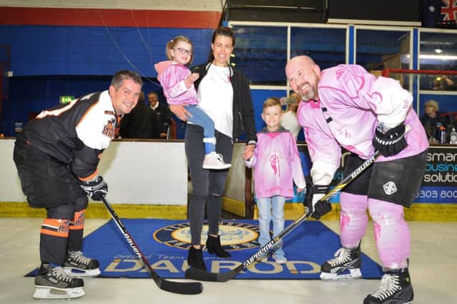 Peterborough Pirates Vets v Halles All Stars at Planet Ice. Team captains Kevin King and Tim Heriot with Fran and Halle Heriot at the face off. EMN-170625-085557009