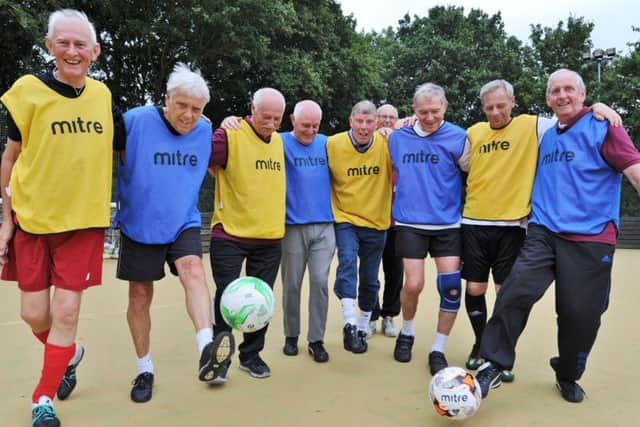 Walking footballers at the PFA party including the oldest participant in any event, 77 year-old Terry Knowles (fourth from right). Photo; David Lowndes.